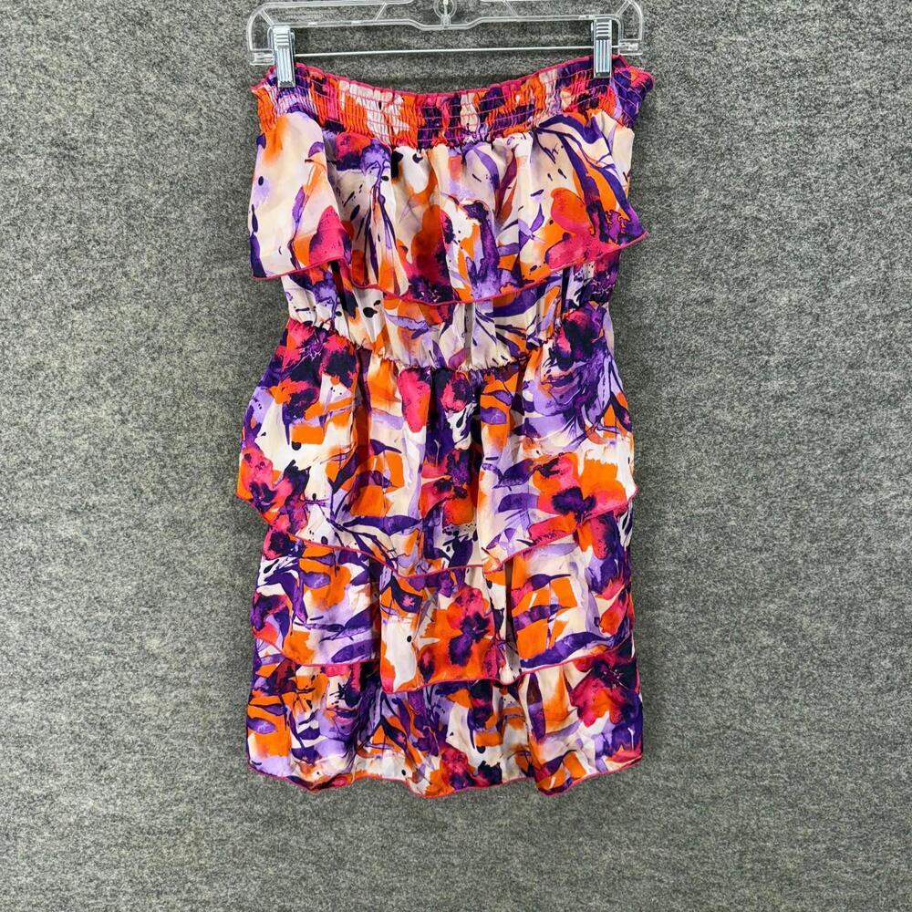 Cantata Dress Women XL Purple Floral Sheath Short Strapless Ruffle Elastic Waist